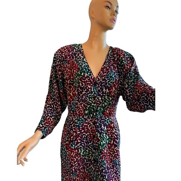 Vintage 100% Silk Long Sleeve Button Front Scribble Abstract Animal Print Dress - Picture 4 of 7